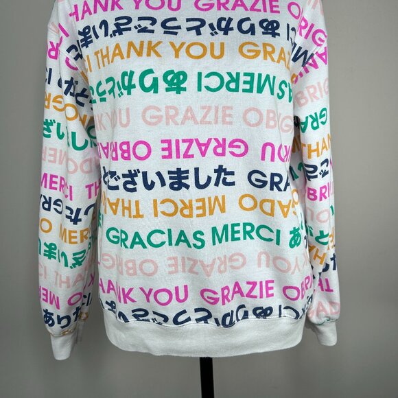 Wound Up Sweatshirt Top Women's Small Multicolor Multilingual Thank You Graphic - Picture 2 of 13